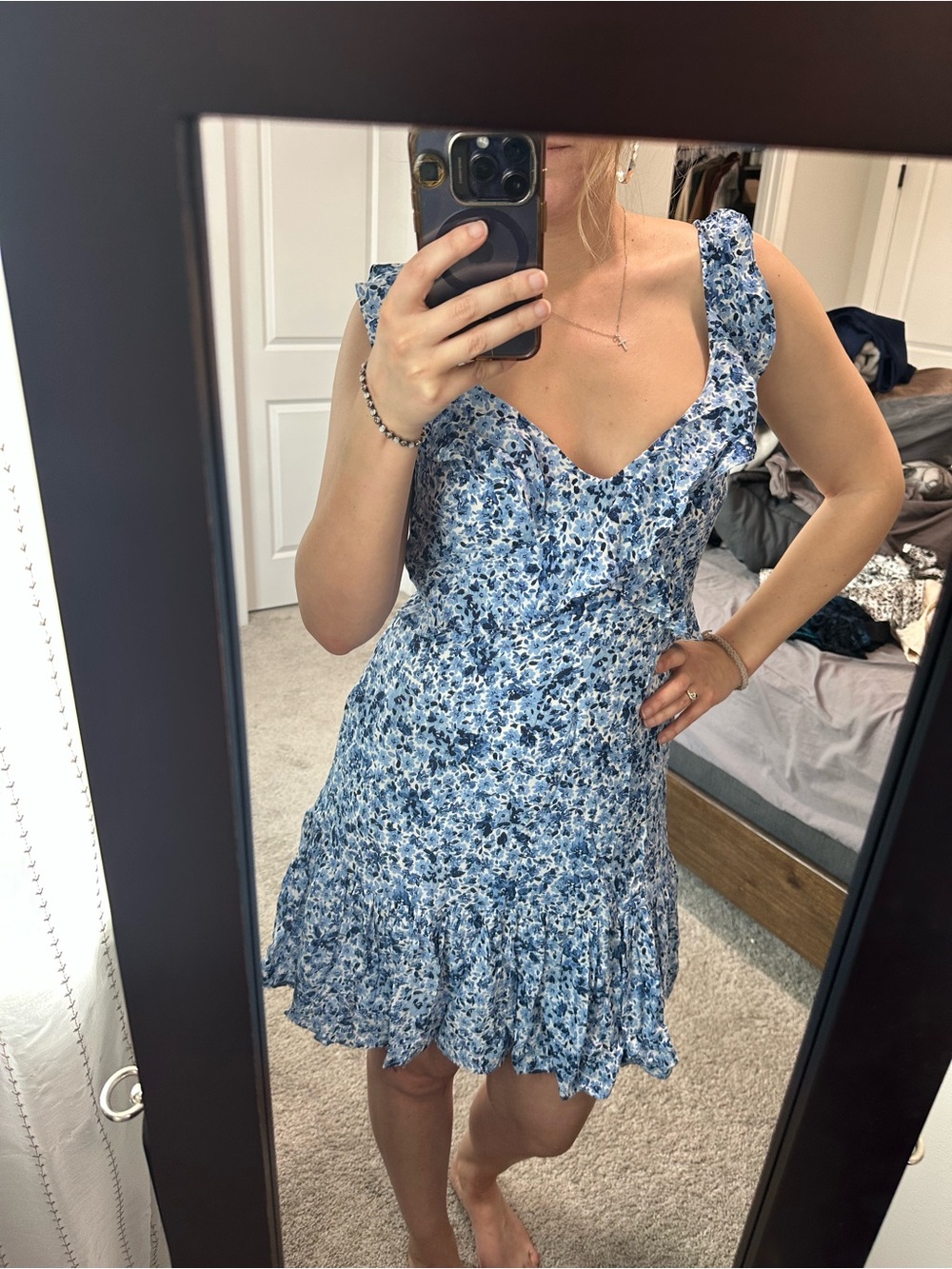 APRICOT Blue Floral Ruffle Mini Dress